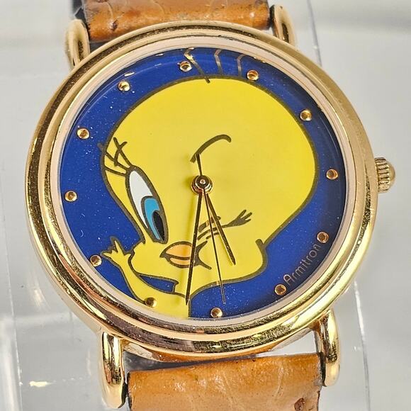 1994 Armitron Tweety Bird Watch Quartz Analog 33.9mm Face Brown Leather Strap - Picture 4 of 16